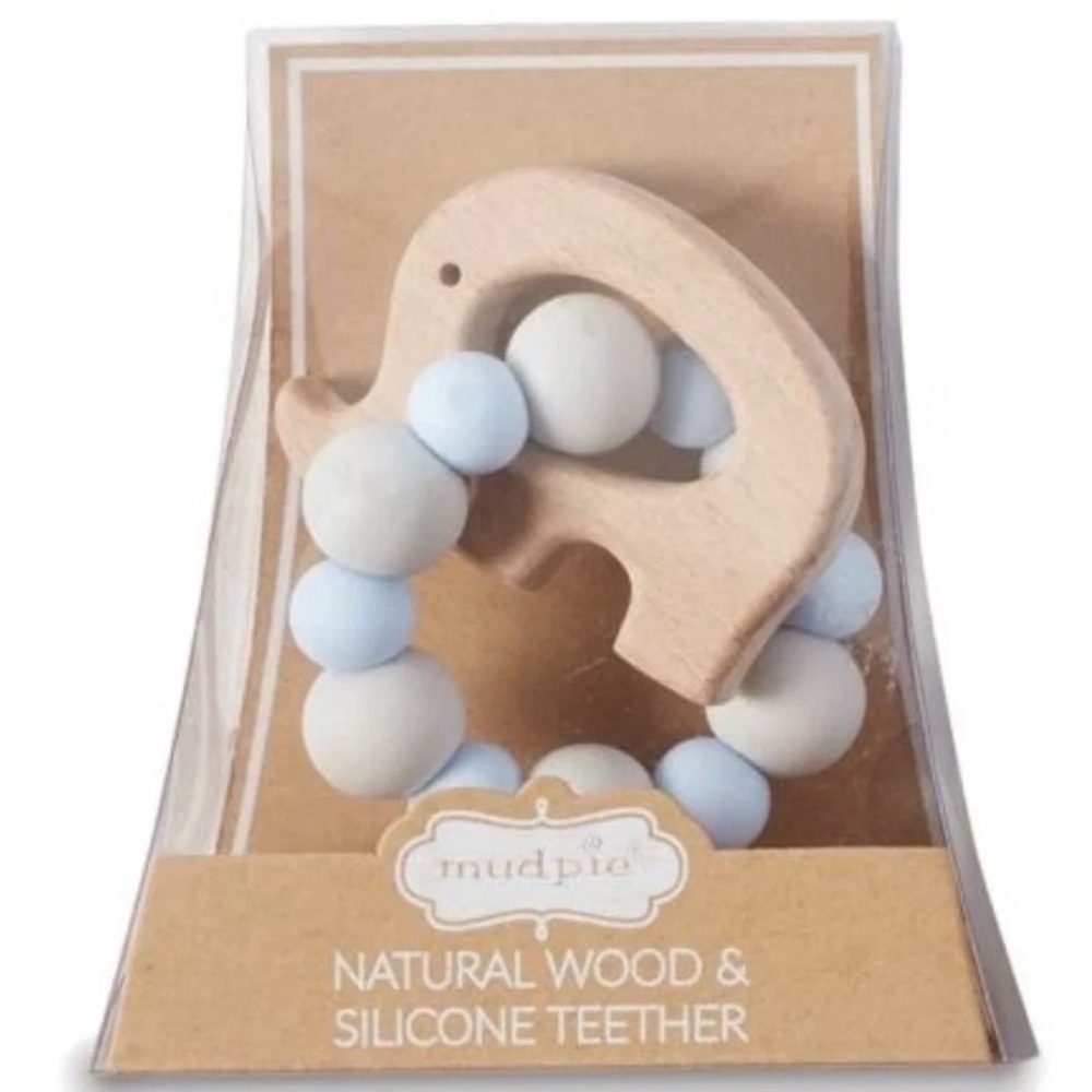 Mud Pie Baby Teether Boys Elephant Wood & Silicone BPA Free Baby Shower Gift Toy